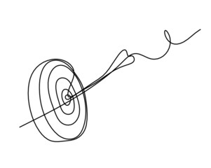 Abstract arrow on target circle as continuous line drawing on white background. Vector