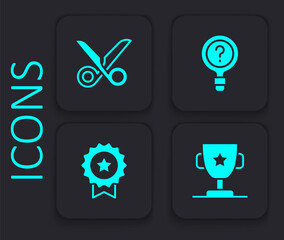 Set Award cup, Scissors, Unknown search and Medal with star icon. Black square button. Vector