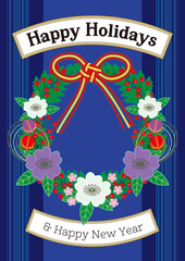 Happy Holidays Cute Flower Wreath Greeting Card Blue Striped Background