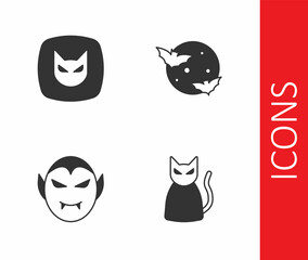 Set Black cat, Vampire and Moon and stars icon. Vector