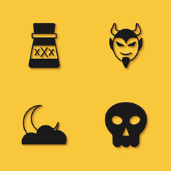 Fototapeta premium Set Bottle with potion, Skull, Moon and stars and Devil head icon with long shadow. Vector
