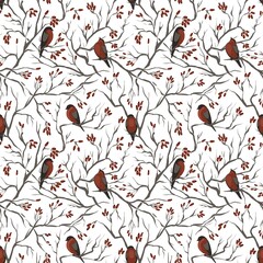 Seamless digital pattern with birds and berries. Design for fabric, textile, wallpaper and packaging 