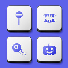 Set Lollipop, Vampire teeth, Eye and Pumpkin icon. White square button. Vector