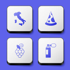Set Map of Italy, Slice pizza, Grape fruit and Perfume icon. White square button. Vector