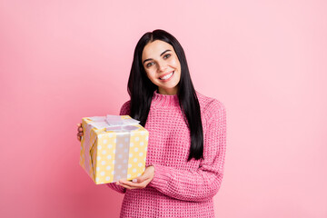 Portrait of satisfied lady hands hold giftbox beaming smile wear pullover isolated on pink color background