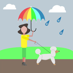 Obraz na płótnie Canvas lady with dog walking in rainy weather