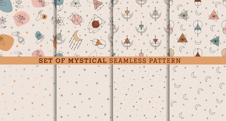 Vector set seamless pattern with colorful alchemy and mystic signs eye, triangles, palms, moons, stars, astrology symbols hand drawn in lines.