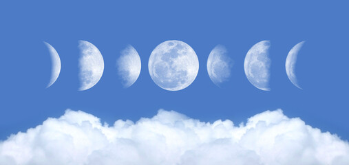 Phases of the Moon with the nice seascape : Waxing Crescent, Waxing Gibbous, Waning Gibbous, and Waning Crescent. Background blue sky with cumulus clouds. The pictures taken from own camera. © Thitiwat