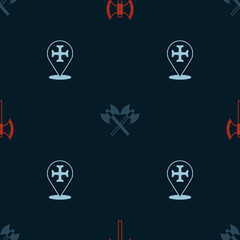 Set Medieval poleaxe, Crossed medieval axes and Crusade on seamless pattern. Vector