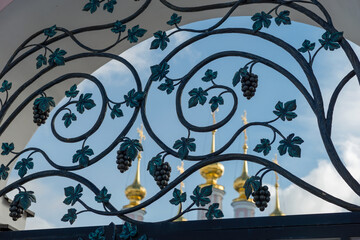 Fototapeta na wymiar Forged lattice with leaves and bunches of grapes on the gate of the temple