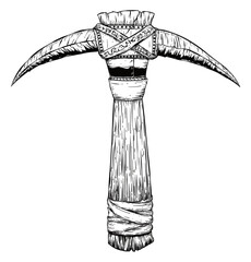 Ancient Pick Wrapped with Strips and Spells, Vector Illustration