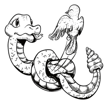 Elusive Bird Escaping from Knotted a Rattlesnake, Vector Illustration