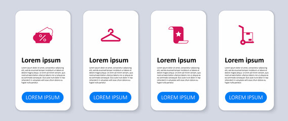 Set Hand truck and boxes, Paper check financial check, Hanger wardrobe and Discount percent tag. Business infographic template. Vector