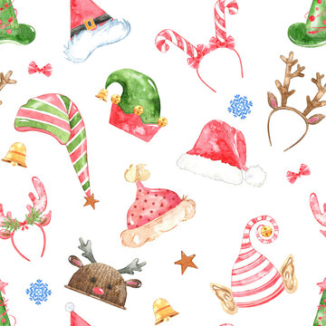 Watercolor seamless pattern with christmas hats