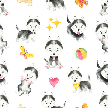 Watercolor seamless pattern of husky dog