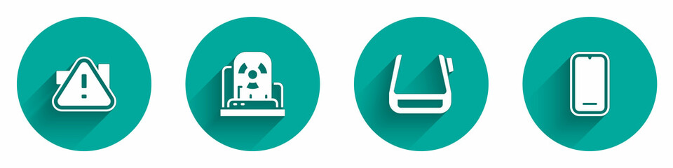 Set Exclamation mark in triangle, Radioactive warning lamp, Smart glasses spectacles and Mobile phone icon with long shadow. Vector