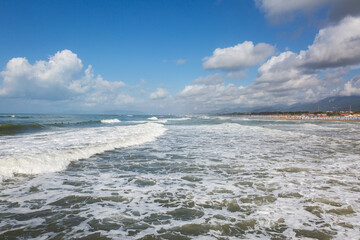 Forte dei Marmi, Lucca, Tuscania, Italy. Sea with surfers