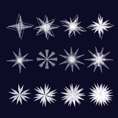 set of white abstract snowflakes on a dark blue background