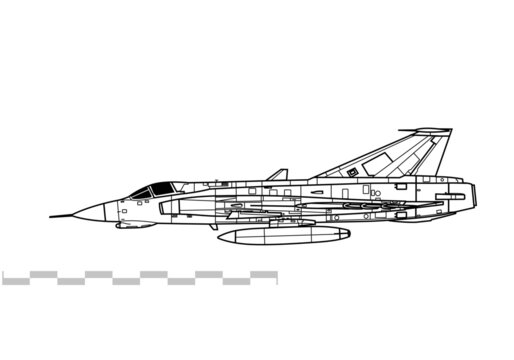 Saab J35 Draken. Vector drawing of multirole fighter. Side view. Image for illustration and infographics.