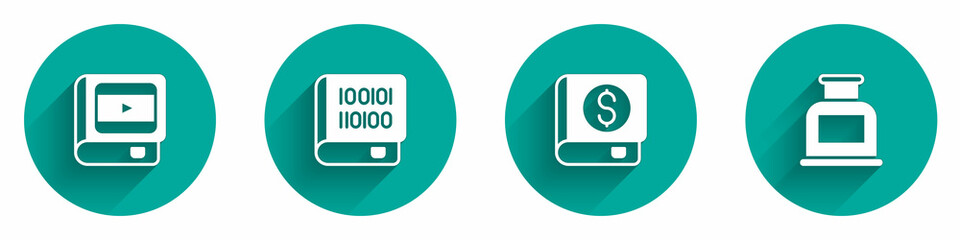 Set Book about cinema, Books programming, Financial book and Inkwell icon with long shadow. Vector