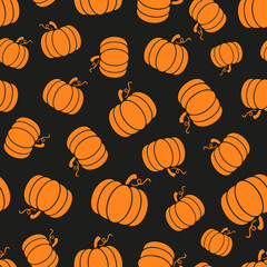 Pumpkin seamless repeat pattern. Irregular, vector cultivar of winter squash plants randomly placed all over print on black background.