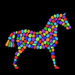 Obraz premium Horse silhouette with multicolor mosaic tile. Ornamental decorative ethnic vivid color figure shape. Vector hand drawn equestrian logo on black. 