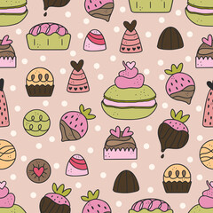 Cute hand drawn seamless pattern with chocolate, candy, macarone, strawberry, dessert.