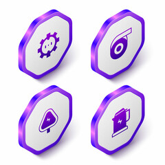 Set Isometric Electrical outlet, Roll adhesive tape, High voltage and kettle icon. Purple hexagon button. Vector