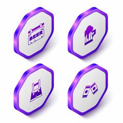 Set Isometric Street signboard with Beer, Wooden beer mug, Lederhosen and can icon. Purple hexagon button. Vector