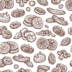 Seamless sketch pattern with dried fruits. Vector handmade background with healthy snacks.