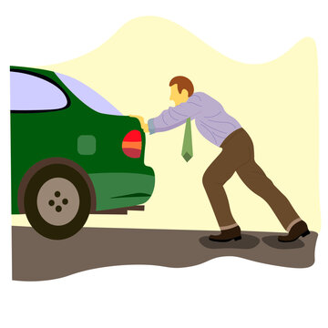Office man pushes blue car into the service. broken car, broken tire. day without car. 24-7 repair service. The concept of an emergency car service. Vector