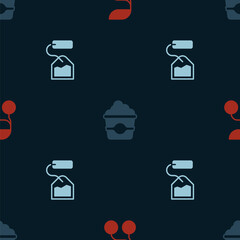 Set Fresh berries, Popcorn in cardboard box and Tea bag on seamless pattern. Vector