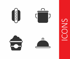 Set Covered with tray of food, Hotdog, Popcorn in cardboard box and Cooking pot icon. Vector