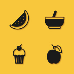 Set Watermelon, Plum fruit, Muffin and Mortar and pestle icon with long shadow. Vector