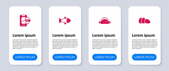 Set Chicken egg, Taco with tortilla, Fish and Food ordering on mobile. Business infographic template. Vector