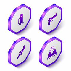 Set Isometric Thermos container, Pistol or gun, Hunter knife and place icon. Purple hexagon button. Vector