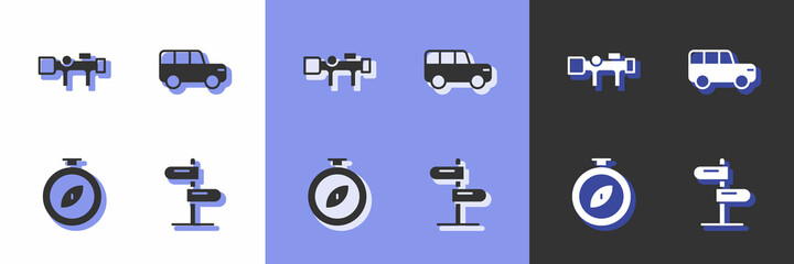 Set Road traffic sign, Sniper optical sight, Compass and Safari car icon. Vector