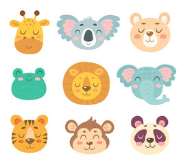 Cute animals vector set with monkey, elephant, giraffe, frog, tiger, lion, koala, panda and bear
