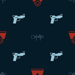 Set Hunt place, Sniper optical sight and Pistol or gun on seamless pattern. Vector