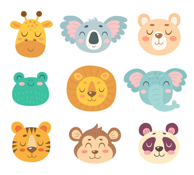 Cute animals vector set with monkey, elephant, giraffe, frog, tiger, lion, koala, panda and bear