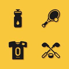 Set Fitness shaker, Ice hockey sticks and puck, Football jersey t-shirt and Tennis racket with icon with long shadow. Vector