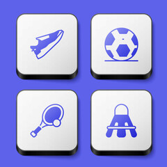 Set Fitness sneakers shoes, Soccer football ball, Tennis racket with and Badminton shuttlecock icon. White square button. Vector