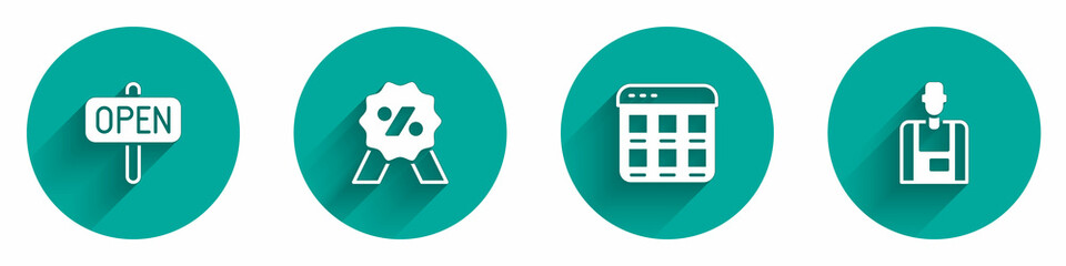 Set Hanging sign with text Open, Discount percent tag, Online shopping on screen and Seller icon with long shadow. Vector