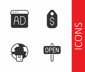 Set Hanging sign with text Open, Advertising, Worldwide shipping and Price tag dollar icon. Vector