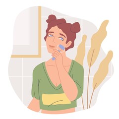 Illustration with cute young women, cosmetics products in bottles, jars and tubes for skin care. Skincare routine set. Flat cartoon vector illustration.