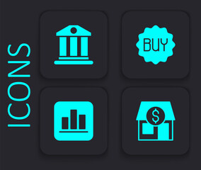 Set Market store, Bank building, Buy button and Pie chart infographic icon. Black square button. Vector