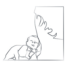 Father holding his son in arms in apartment line art stock illustration. Affectionate love between father and son. 