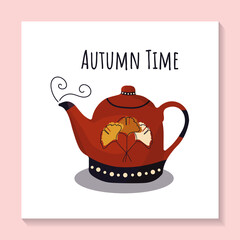 Vector hand drawn red teapot with autumn orange leaves. Template illustration autumn time for print, cards, covers.