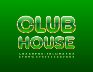 Vector business sign Club House. Luxury Green and Gold Font. Glossy Alphabet Letters and Numbers set