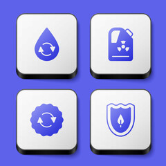 Set Recycle clean aqua, Radioactive waste in barrel, symbol and Shield with leaf icon. White square button. Vector